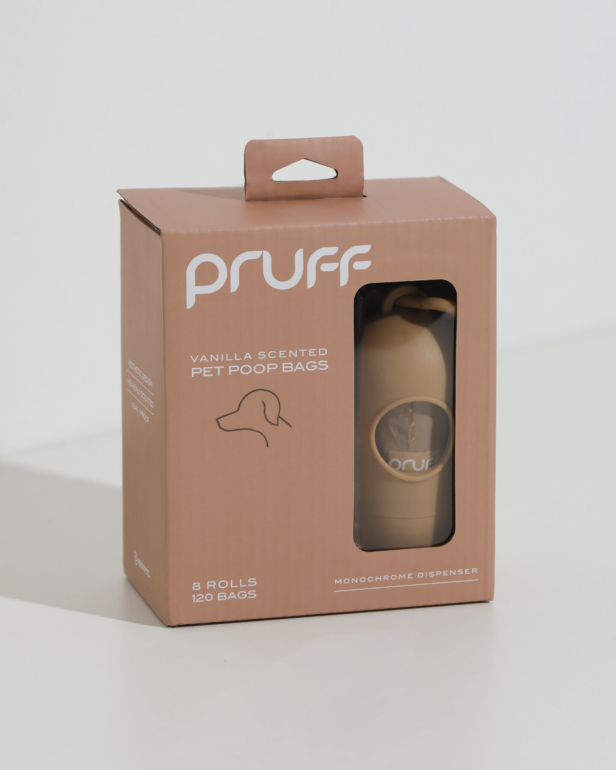 Modern Minimalist Pet Waste Bags. Neutral colored dog poop bags by Pruff Pets.